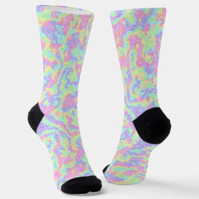 Groovy Boho Hippie Bright Pastel Rainbow Marble Socks (Angled)