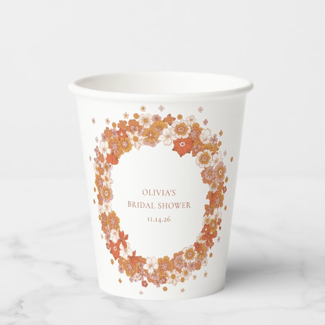 Groovy Boho Orange Floral Bridal Shower Custom  Paper Cups (Front)