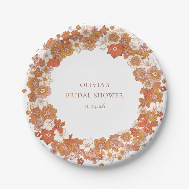 Groovy Boho Orange Floral Bridal Shower Custom  Paper Plate (Front)