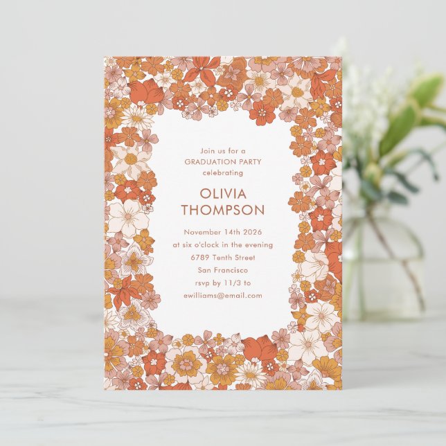 Groovy Boho Orange Floral Frame Graduation Party Invitation (Standing Front)