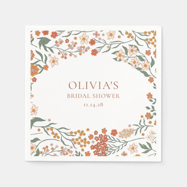 Groovy Boho Orange Wildflower Whimsy Bridal Shower Napkin (Front)