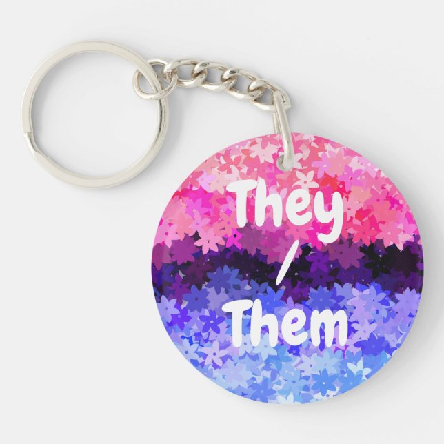 Groovy Boho Quirky Retro Floral Omnisexual Pride Keychain (Front)
