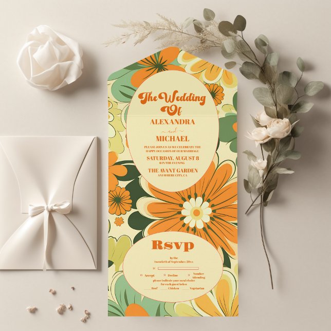 Groovy Boho Retro  Floral Wedding All In One Invitation (Creator Uploaded)
