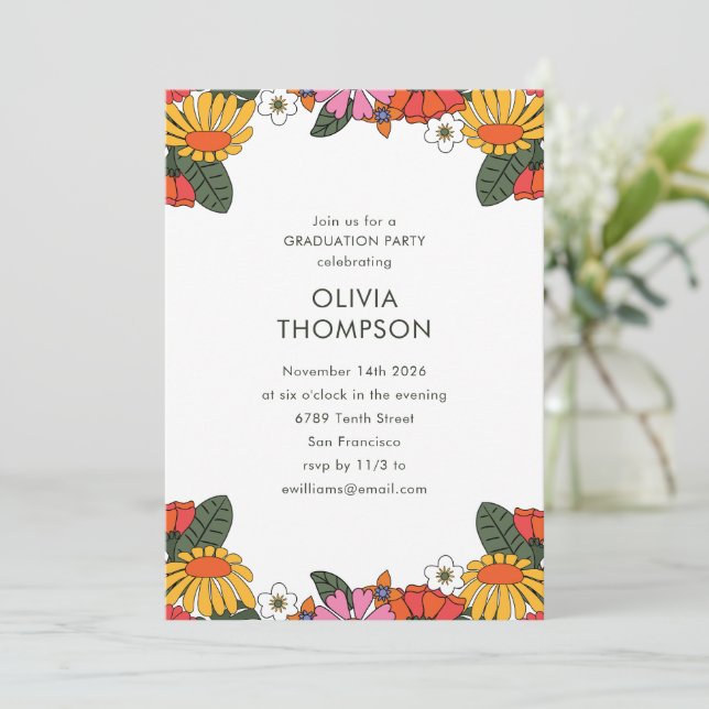 Groovy Boho Retro Flower Frame Graduation Party Invitation (Standing Front)