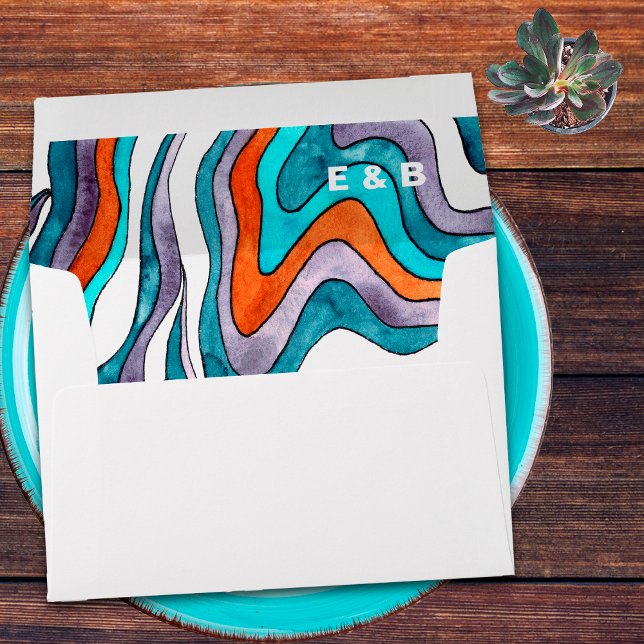 Groovy Boho Retro Orange Typography Wavy Wedding Envelope (Back (Bottom))