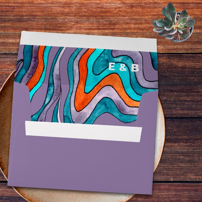 Groovy Boho Retro Purple Wavy Typography Wedding Envelope (Back (Bottom))