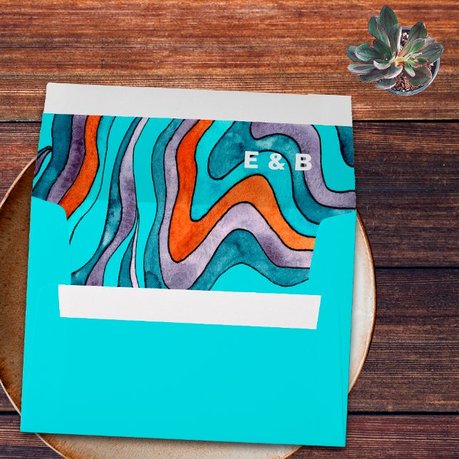 Groovy Boho Retro Teal Wavy Typography Wedding Envelope (Back (Bottom))