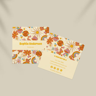 Groovy Boho Retro with Colourful 70s Floral Design Square Business Card