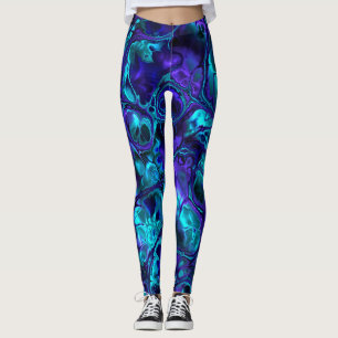 Groovy Boho Vibrant Blue Monochrome Fractal Marble Leggings