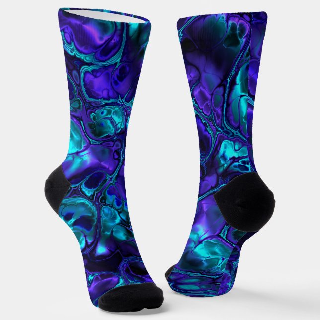 Groovy Boho Vibrant Blue Monochrome Fractal Marble Socks (Angled)
