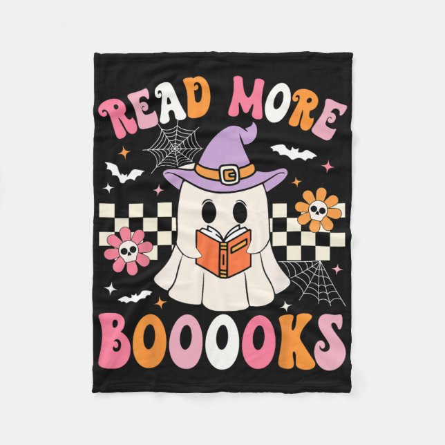 Groovy Booooks Ghost Read More Books Funny Teacher Fleece Blanket (Front)