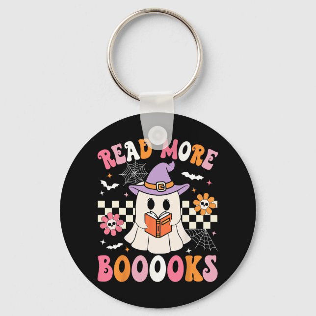 Groovy Booooks Ghost Read More Books Funny Teacher Keychain (Front)