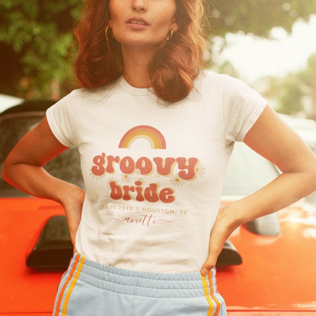 Groovy Bride Name Retro 70s Bachelorette Party T-Shirt (Creator Uploaded)