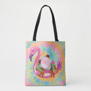 Groovy Bubblegum Blowing Tree Frog Tie Dye  Tote Bag