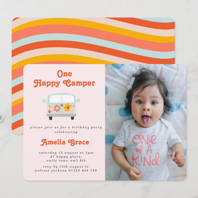 Groovy Camper Van Girls 1st Birthday Photo Invitation (Front/Back)