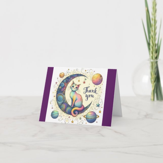Groovy Cat on the Moon Thank You Card (Front)
