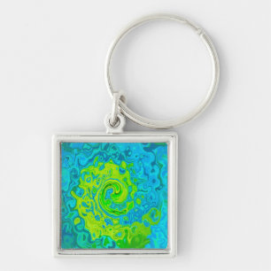 Groovy Chartreuse and Aquamarine Liquid Swirl Keychain