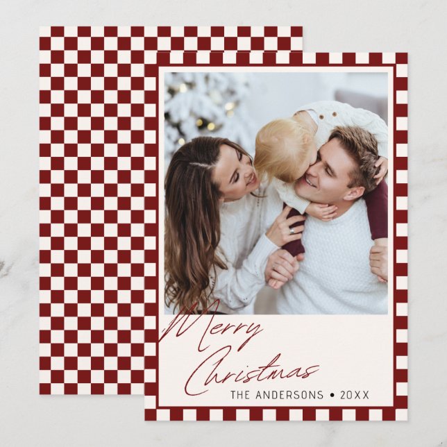 Groovy chequered Editable Colour Christmas Photo Holiday Card (Front/Back)