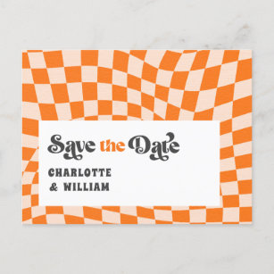 Groovy Chequered Retro Wedding Save the Date Postcard
