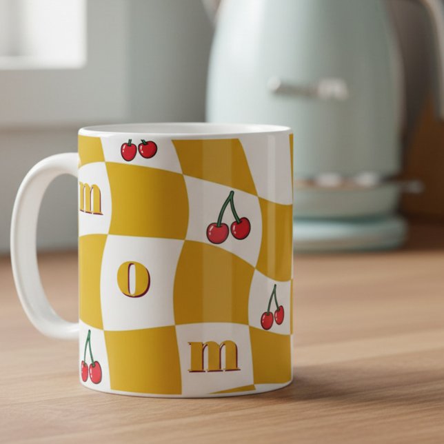 Groovy Cherry Chequerboard Kitchen Kitsch Mom Coffee Mug (Groovy Mom Mug with checkerboard and cherries by Darling & May)