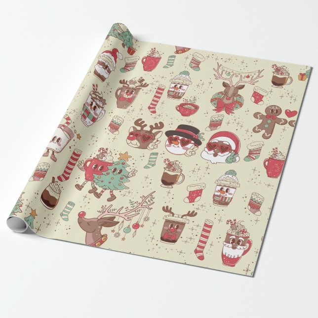 groovy christmas black santa snowman reindeer  wrapping paper (Unrolled)