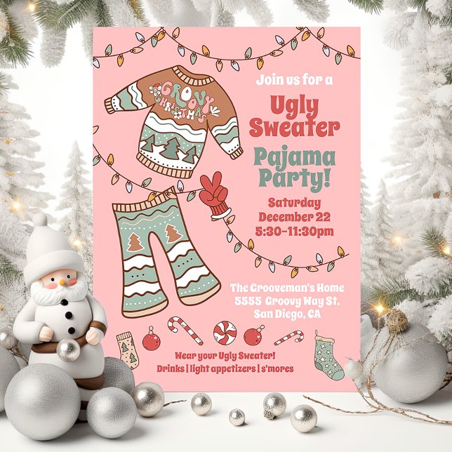 Groovy Christmas Hippie Ugly Sweater Pajama Party Invitation (Creator Uploaded)