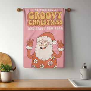 Groovy Christmas Merry Santa Funny Retro Hippie Kitchen Towel