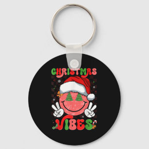 Groovy Christmas Vibes Smile Face Santa Hat Xmas M Keychain