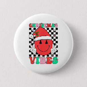 Groovy Christmas Vibes Smile Face Santa Hat Xmas T 2 Inch Round Button