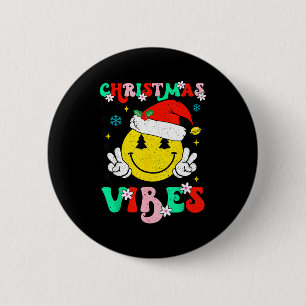 Groovy Christmas Vibes Smile Face Santa Hat Xmas T 2 Inch Round Button