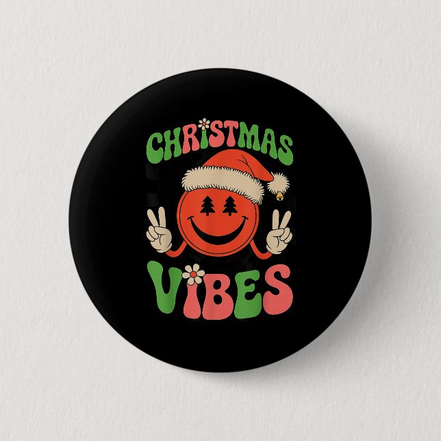 Groovy Christmas Vibes Smile Face Santa Hat Xmas T 2 Inch Round Button (Front)