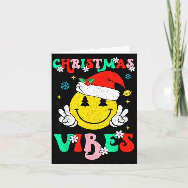 Groovy Christmas Vibes Smile Face Santa Hat Xmas T Card (Front)