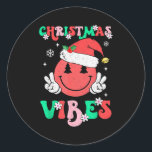 Groovy Christmas Vibes Smile Face Santa Hat Xmas T Classic Round Sticker<br><div class="desc">Groovy Christmas Vibes Smile Face Santa Hat Xmas Teens Girls</div>