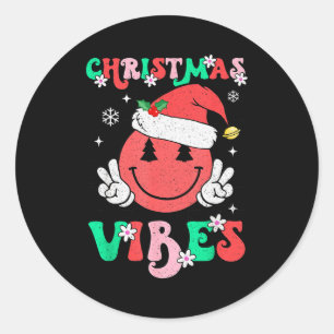 Groovy Christmas Vibes Smile Face Santa Hat Xmas T Classic Round Sticker