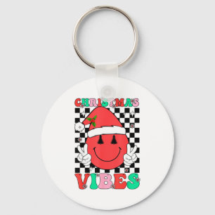 Groovy Christmas Vibes Smile Face Santa Hat Xmas T Keychain