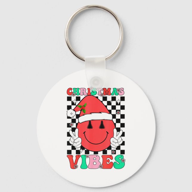 Groovy Christmas Vibes Smile Face Santa Hat Xmas T Keychain (Front)