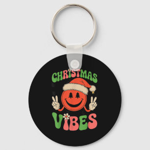 Groovy Christmas Vibes Smile Face Santa Hat Xmas T Keychain