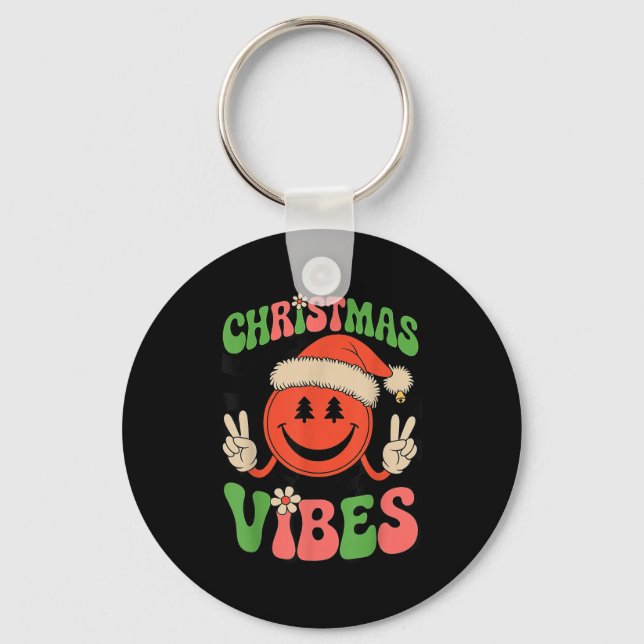 Groovy Christmas Vibes Smile Face Santa Hat Xmas T Keychain (Front)