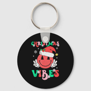 Groovy Christmas Vibes Smile Face Santa Hat Xmas T Keychain