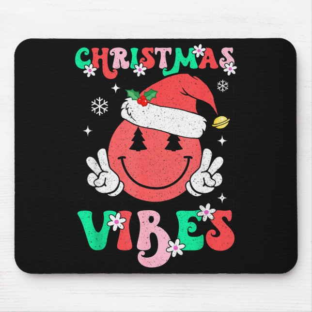 Groovy Christmas Vibes Smile Face Santa Hat Xmas T Mouse Pad (Front)
