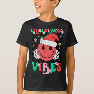 Groovy Christmas Vibes Smile Face Santa Hat Xmas T T-Shirt