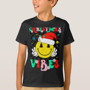 Groovy Christmas Vibes Smile Face Santa Hat Xmas T T-Shirt