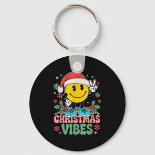 Groovy Christmas Vibes Smile Wearing Santa Hat Xma Keychain