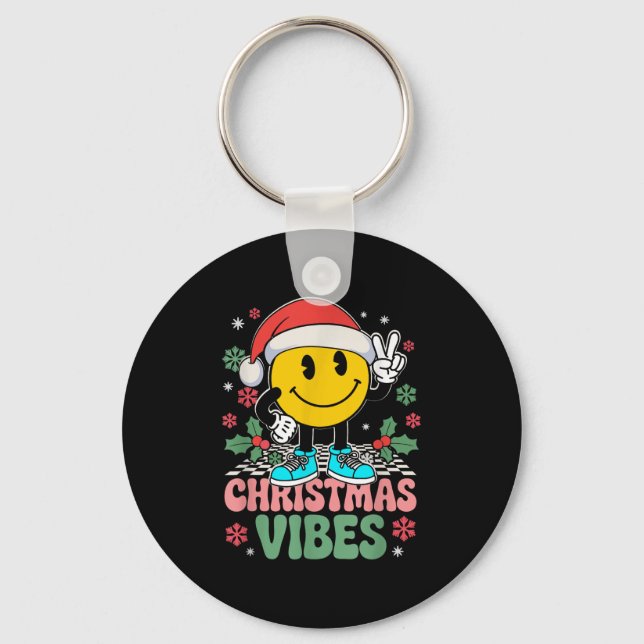 Groovy Christmas Vibes Smile Wearing Santa Hat Xma Keychain (Front)