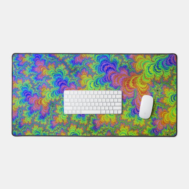 Groovy Colourful Boho Hippie Trippy Rainbow Fracta Desk Mat (Keyboard & Mouse)