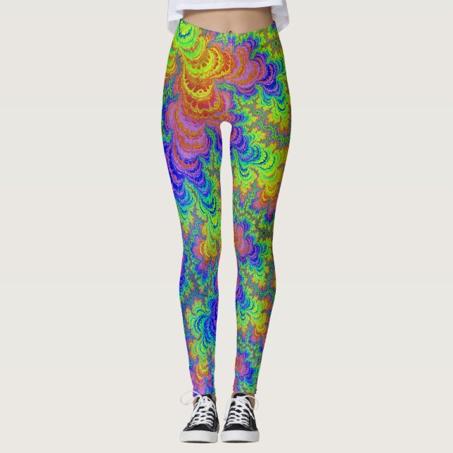Groovy Colourful Boho Hippie Trippy Rainbow Fracta Leggings (Front)