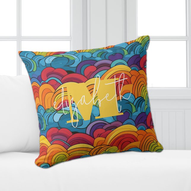 Groovy Colourful Clouds Throw Pillow (Personalized or leave customization blank to remove monogram.)
