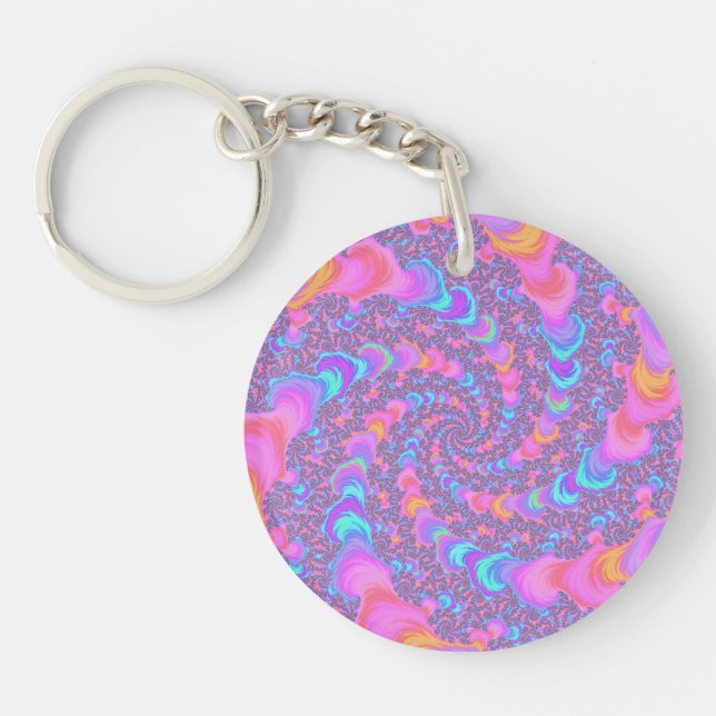 Groovy Colourful Fluorescent Trippy Spiral Fractal Keychain (Front)