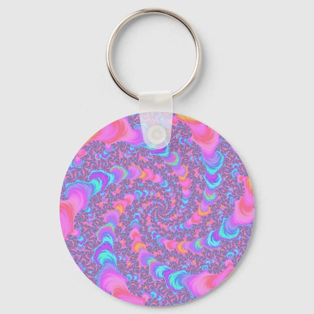 Groovy Colourful Fluorescent Trippy Spiral Fractal Keychain (Front)