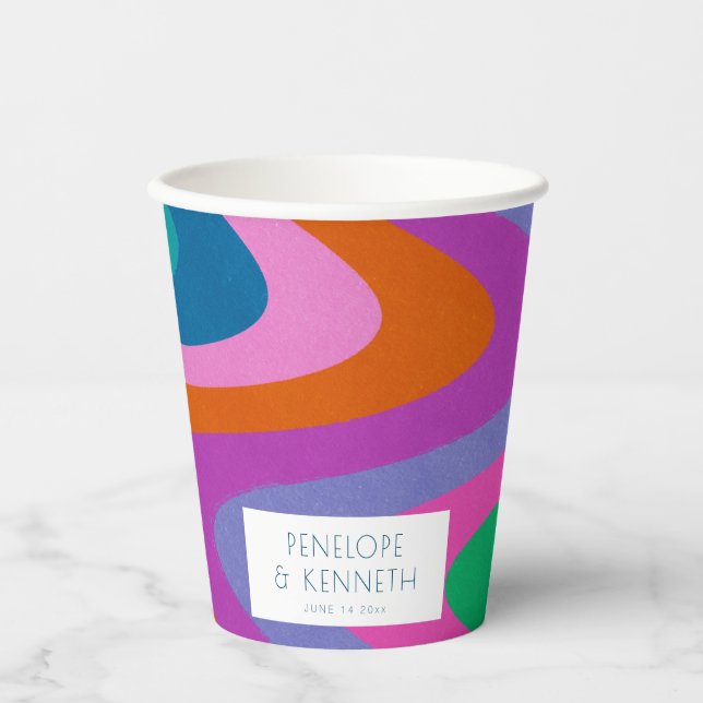 Groovy Colourful Green Purple Retro Wedding Custom Paper Cups (Front)